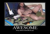 Fat hairy man in a speedo with guns and Guitar Hero controllers
