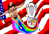Fat hairy man in a speedo with guns and Guitar Hero controllers