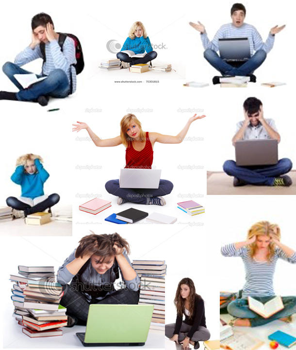 stressed students with books and laptops