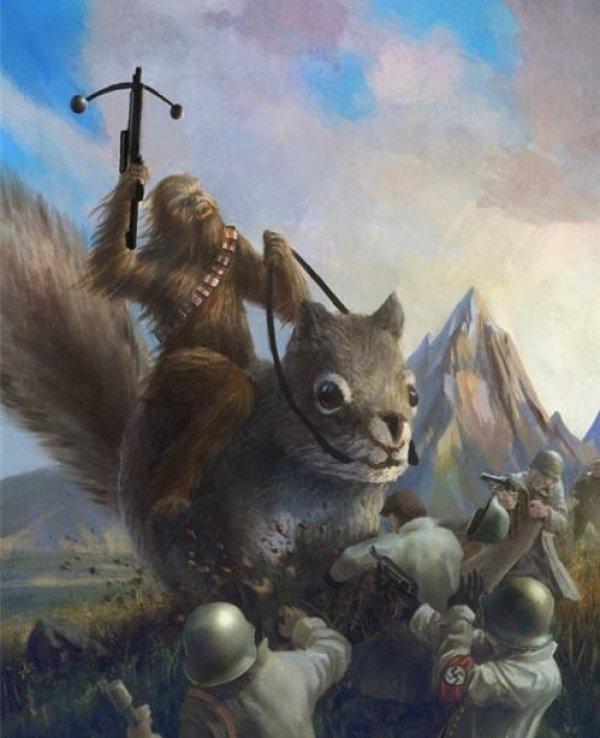 Chewbacca Riding A Giant Squirrel and Fighting Nazis