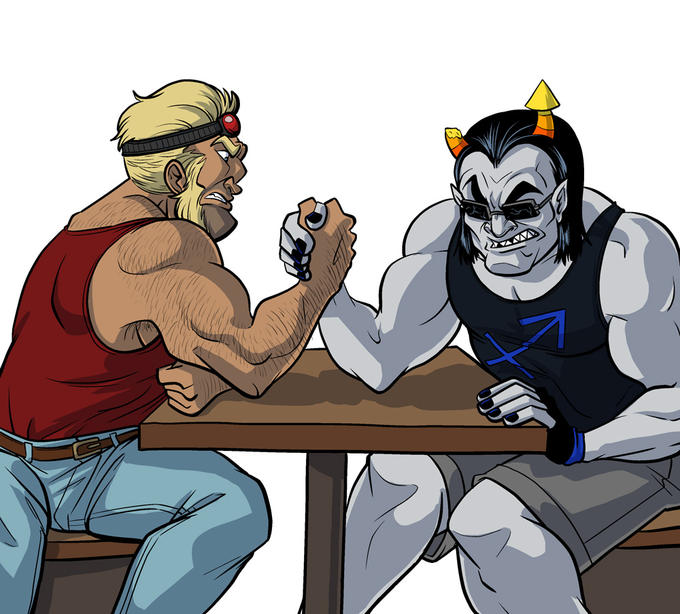 Commander Badass arm wrestles Equius