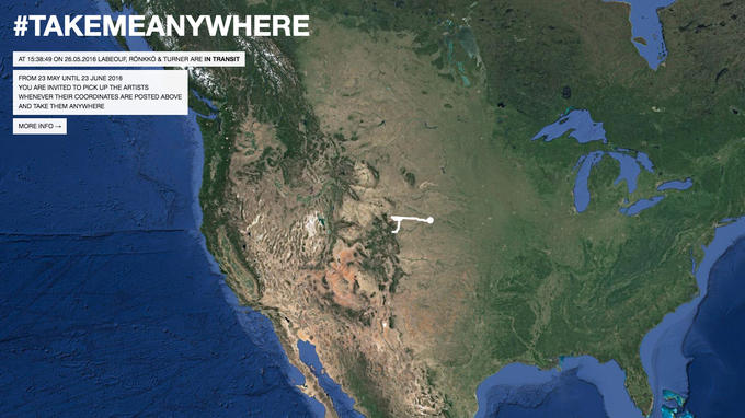 #TAKEMEANYWHERE AT 15:38:49 ON 26.05.2016 LABEOUF, RONKKǒ & TURNER ARE IN TRANSIT FROM 23 MAY UNTIL 23 JUNE 2016 YOU ARE INVITED TO PICK UP THE ARTISTS WHENEVER THEIR COORDINATES ARE POSTED ABOVE AND TAKE THEM ANYWHERE MORE INFO