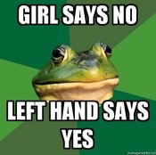 Foul-bachelor-frog-girl-says-no-left-hand-says-yes